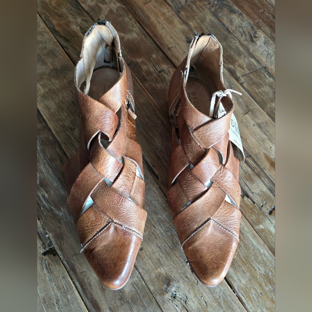 BED|STU Brittany Brown Ankle Boots with Distressed Leather and Woven Straps - Picture 4 of 11